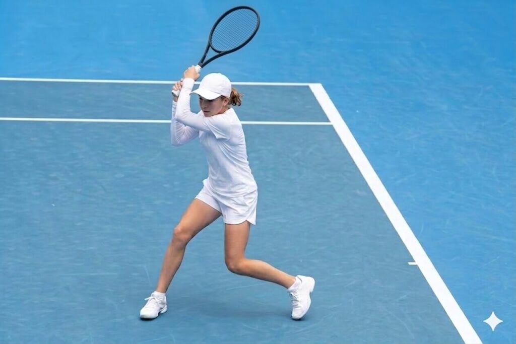 ヘッドアップ（軸ブレ）を防ぐ安定した姿勢と、空間認識を保つジュニアテニス選手のバックハンド構え