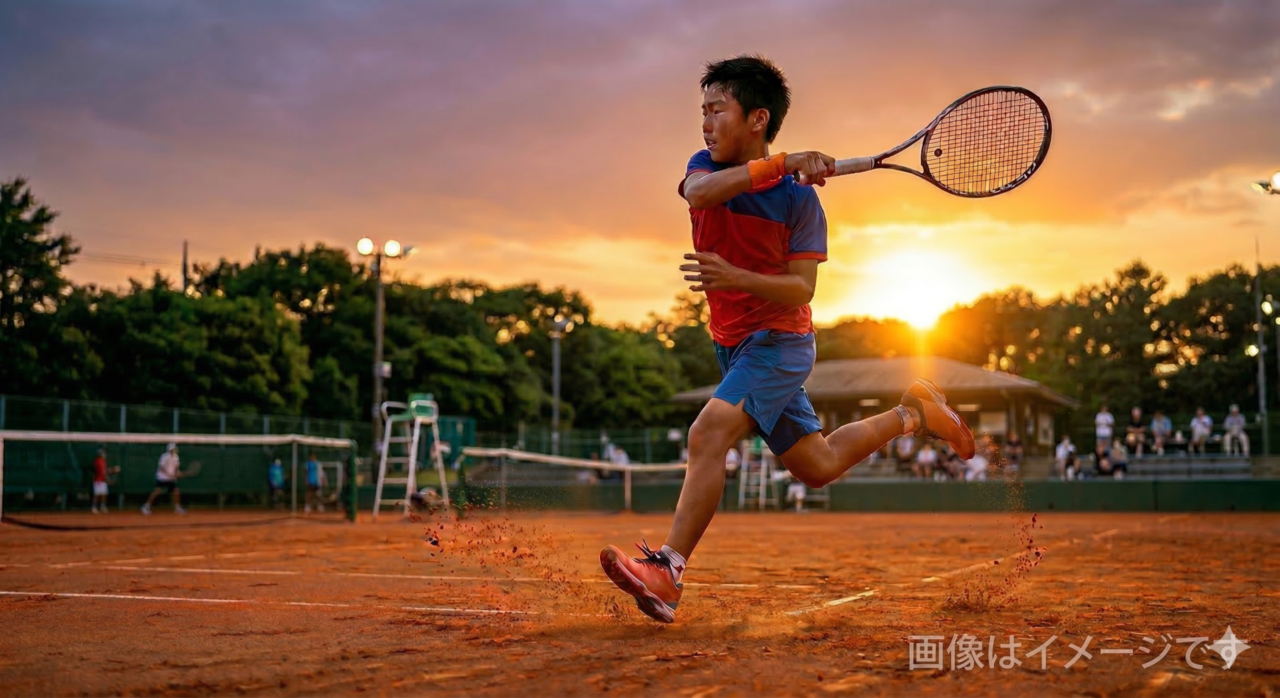 ジュニアテニスのリカバリーにおける「引き戻し」のモビリティ：遠心力を制御し、最短距離でポジションへ戻るためのグリップエンド先行動作の解説イメージ。
