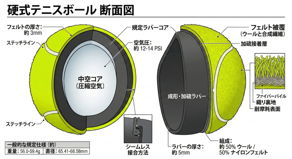 球種変更のメカニズムを解説するための硬式テニスボール断面図（フェルトと中空コアの構造）
