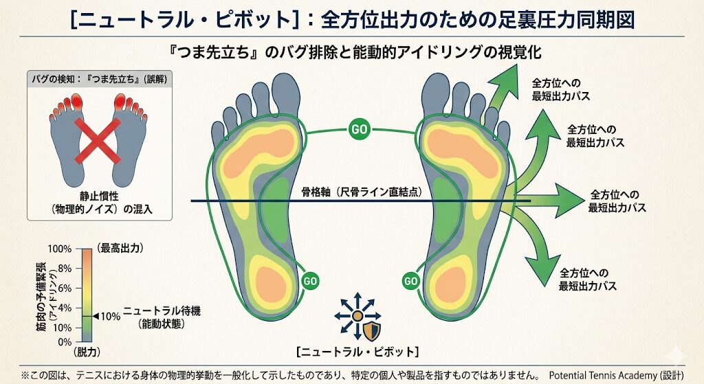 [ニュートラル・ピボット] 足裏圧力同期図。左側は「つま先立ち」による静止慣性の混入という物理的ノイズ（バグ）を警告。中央から右側は、母指球をアンカー、かかとをバッファとする足裏全体の圧力分布（ヒートマップ）を示し、骨格軸と同期した10%の予備緊張状態から全方位へ最短出力パスで加速できる能動的アイドリング状態を視覚化したテクニカル図解。