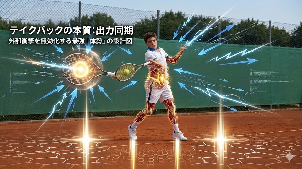ジュニアテニスのテイクバックと出力同期の本質：外部衝撃を無効化する最強の「体勢」をバイオメカニクスで図解した設計図イメージ