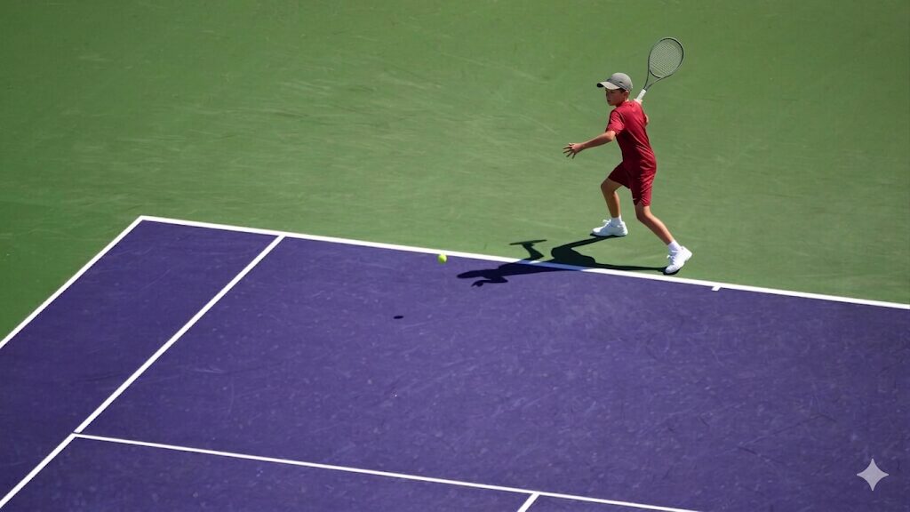 ジュニアテニスの最適なインパクト位置とボールへの入り方：チャンスボールでのエラーを防ぎ、インサイドアウトのスイングを可能にするための「内側」を狙う足さばきの解説イメージ。