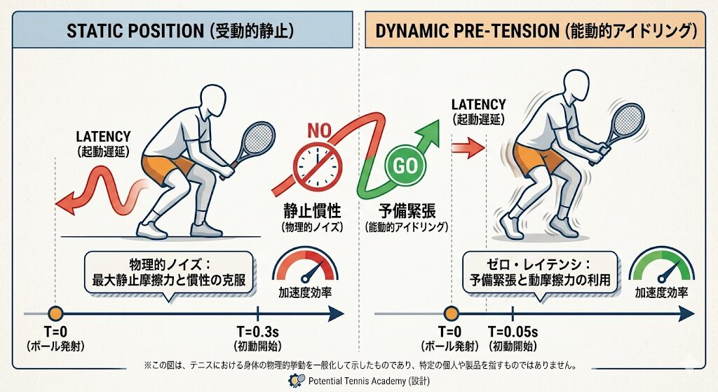 受動的静止と能動的アイドリングの物理的比較図。左側は静止慣性による起動遅延（LATENCY）が発生する受動的状態を示し、右側は予備緊張と動摩擦力の利用により起動遅延を極小化した「ゼロ・レイテンシ」状態を、時間軸（T=0から初動開始まで）の数値比較とともに視覚化したテクニカルインフォグラフィック。