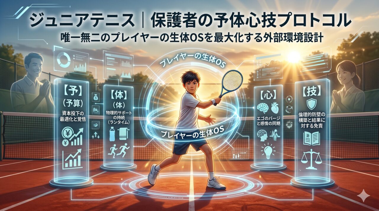 夕暮れのテニスコート中央でスイングする「ジュニアプレイヤー」を中心に、デジタルな「ホログラムUI」が「予・体・心・技」のプロトコルを表示している。 　コートの左右には冷静な表情の「保護者」が配置され、プレイヤーの「生体OS」を最適化するための「外部環境設計」を視覚的に表現している。 　「重厚感」のあるライティングとサンセットの光が、唯一無二のプレイヤーを支える「規律（プロトコル）」の厳格さを強調するアイキャッチ画像。
