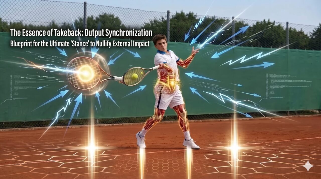 An illustration showing the skeletal structures, glowing kinetic lines, and red/blue energy spirals in a junior player's torso, representing the elastic energy accumulation and takeback protocol based on physical laws.