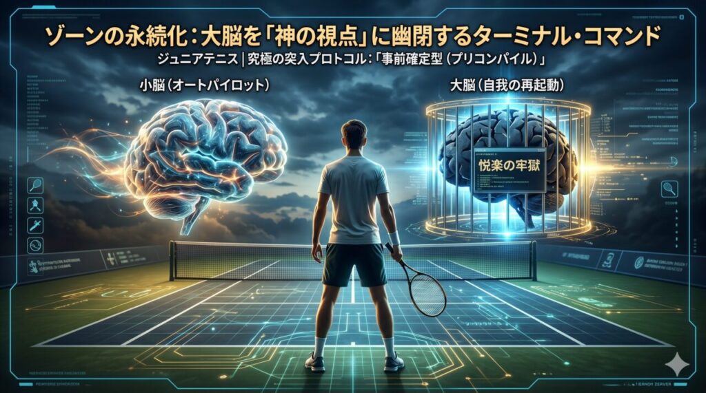 ジュニアテニスのゾーン永続化をテーマにしたコンセプト画像。中央に背を向けたテニスプレーヤー、左側に「小脳（オートパイロット）」を象徴する光り輝く脳のグラフィック、右側に「大脳（自我の再起動）」を象徴するデジタルな牢獄に幽閉された脳のグラフィックが配置されている。