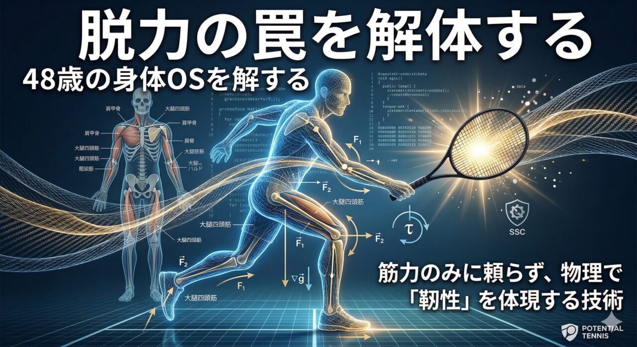 努力の罠を解体する」というテキストと共に、筋力依存を脱却し物理法則で「脱力」を体現するテニスの身体OS構造を示したイメージ画像