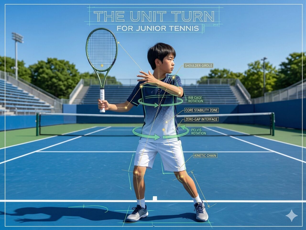 An informational diagram overlaying a junior tennis player on a blue tennis court, with text labels and glowing green vectors. The central figure is an Asian boy in tennis apparel, holding a racket in a dynamic 'unit turn' preparatory pose. Digital lines and concentric circles map his body, highlighting 'PELVIS ROTATION' and 'RIB CAGE ROTATION.' Text tags identify 'SHOULDER GIRDLE,' 'CORE STABILITY ZONE,' 'ZERO-GAP INTERFACE,' and 'KINETIC CHAIN.' The title 'THE UNIT TURN FOR JUNIOR TENNIS' is in stylized digital text at the top. The image visualizes the biomechanical flow and rotational axis.