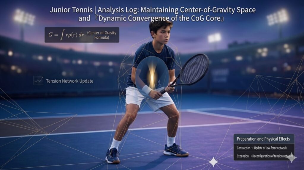 A high-tech sports analysis image of a young male tennis player in a ready stance on a purple and blue court at night under stadium lights. The image features several digital overlays in English:Top Center: "Junior Tennis | Analysis Log: Maintaining Center-of-Gravity Space and 『Dynamic Convergence of the CoG Core』"Upper Left Box: A mathematical formula $G = \int r\rho(r) \, dr$ labeled as "(Center-of-Gravity Formula)".Middle Left: An icon of a rising graph next to the text "Tension Network Update".Center: A glowing yellow vertical core is highlighted in a circular lens over the player's torso, connected to a wireframe geometric "tension network" covering his body.Bottom Right Box: Titled "Preparation and Physical Effects" with two points:Contraction → Update of low-force networkExpansion → Reconfiguration of tension networkThe overall aesthetic is professional, scientific, and focused on athletic biomechanics.