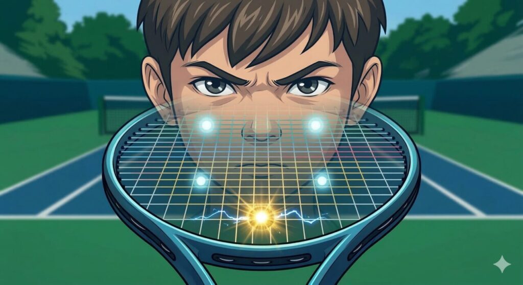 A tennis ball floating above a dynamic lime-green liquid splash, visualizing the biomechanical impact intensity and energy transfer involved in hitting a sweet spot. Concept visualization for junior tennis physics.