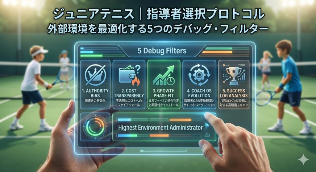 テニスコートを背景に保護者が半透明のタブレット型デバイスで「ジュニアテニス｜指導者選択プロトコル 外部環境を最適化する5つのデバッグ・フィルター」のインターフェースを操作している様子を描いた重厚感のあるイラスト