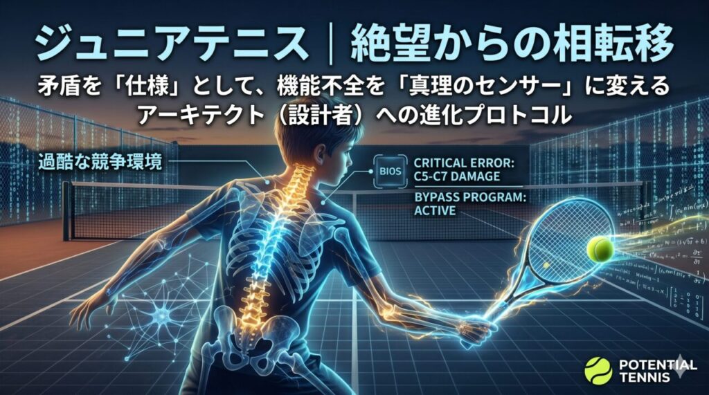頸椎のダメージをBIOSレベルのエラーとして可視化したジュニアテニス選手の骨格透過画像。痛み信号をバイパスし物理法則と同期してスイングする様子を描いたシステム論的アイキャッチ。