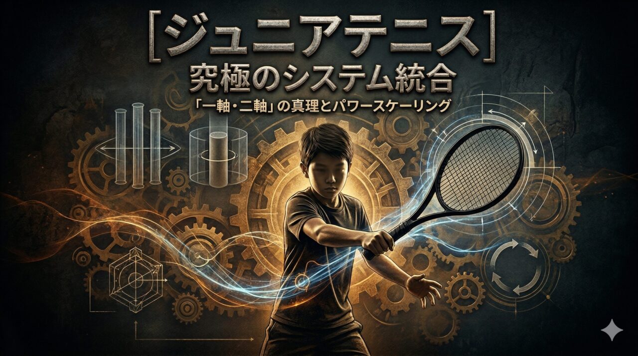 中央に、テニスラケットを構えたアジア人のジュニアプレイヤーが真剣な表情で立っています。彼の体とラケットからは、青、オレンジ、金色の光のエネルギー流が渦巻き、背後に広がる巨大で複雑なメカニカルな歯車のシステムと融合しています。画像上部には、重厚な金属的な質感で、大きな文字の「ジュニアテニス」とその下に「究極のシステム統合」という日本語タイトル、さらに「一軸・二軸」の真理とパワースケーリングというサブタイトルが配置されています。背景の歯車システムには、「二軸システム」「一軸の圧縮」「パワースケーリング」「作用反作用」「エラー排除」「静と動の循環」「自己矯正とバッファ」などの主要な概念の日本語ラベルが、対応する光るダイアグラムと共に配置され、プレイヤーとこの複雑なテニスシステムが一体化して動作している様子が描かれています。