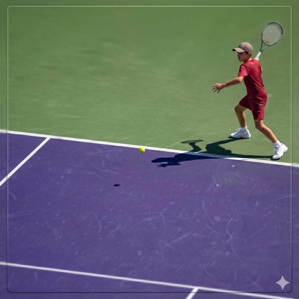 An overhead view of a young tennis player, clad in a red cap, matching shirt, shorts, and white sneakers, running to make a forehand shot. He has his racket back, and a fluorescent yellow ball is crossing the court line. The court is split between a purple inner box and green outer area. Strong overhead light casts pronounced shadows.