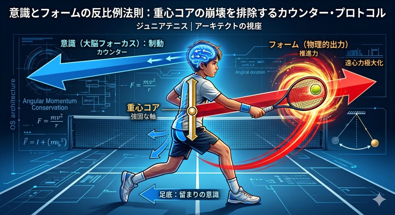 ジュニアテニスのスイングにおける「意識とフォームの反比例法則」を視覚化したテクニカルイラスト。前方の物理的推進力と後方への制動意識が拮抗し、身体の中心に強固な軸（重心コア）が構築されている様子を、ブループリント風の背景と物理数式と共に描いている。
