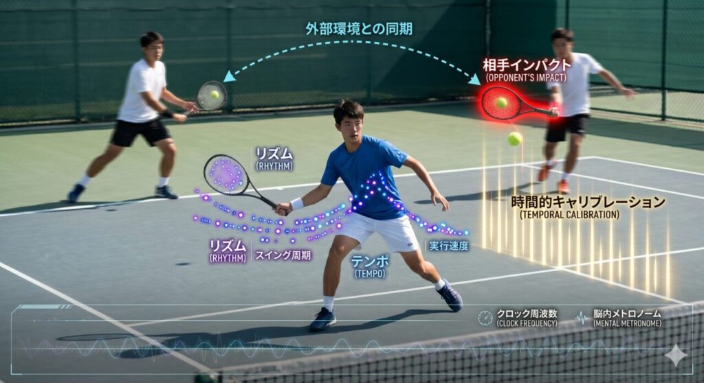 3人のテニスプレーヤーが登場する画像で、右側のプレーヤーがボールを打ち、そのボールが真ん中のプレーヤーに向かっている様子が描かれている。左側のプレーヤーもテニスラケットを持って構えている。 画像には、プレーヤーの動きやゲームの進行を説明する、次のようなテキストが添えられている。 上部中央:「外部環境との同期」 右上:「相手インパクト (OPPONENT'S IMPACT)」 右下:「時間的キャリブレーション (TEMPORAL CALIBRATION)」 中央:「リズム (RHYTHM)」、「テンポ (TEMPO)」 左中央:「リズム (RHYTHM)」 下部:「クロック周波数 (CLOCK FREQUENCY)」、「脳内メトロノーム (MENTAL METRONOME)」 中央左下:「スイング周期」 中央右下:「実行速度」 これらのテキストは、テニスの動きを時間的、リズム的な観点から分析していることを示している。 画像の下部には、波形のようなグラフが表示されており、ゲームのテンポやタイミングを視覚的に表現している。