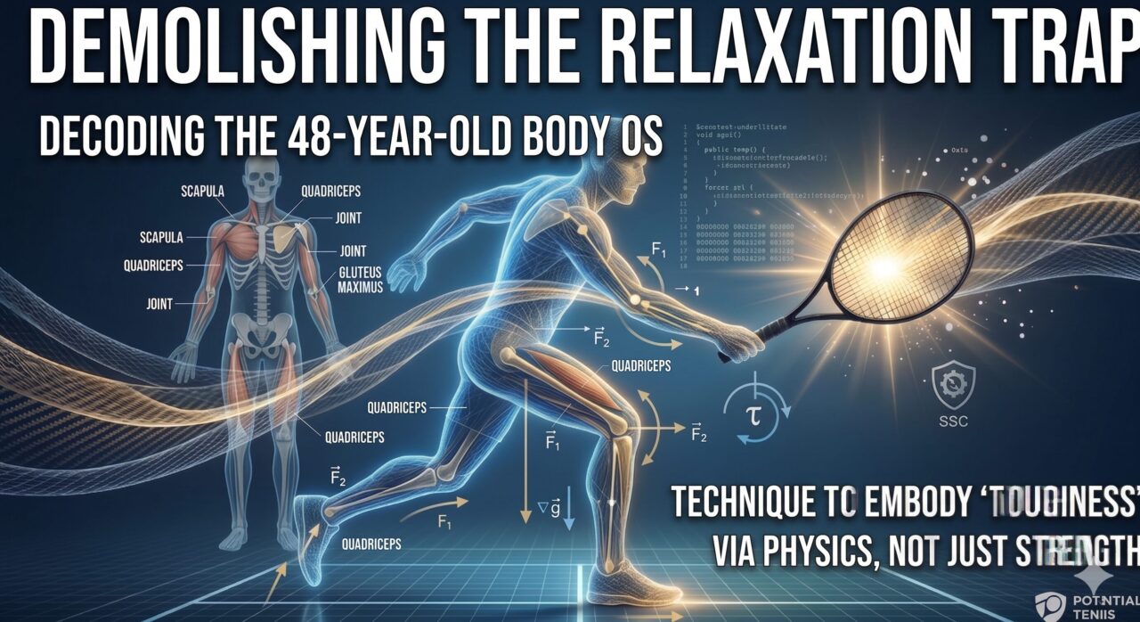 A futuristic and biomechanical illustration of a tennis player in motion, titled 「DEMOLISHING THE RELAXATION TRAP」 and 「DECODING THE 48-YEAR-OLD BODY OS」. The central figure is a translucent, wireframe male athlete showing advanced kinetic energy flows and physical force vectors ($F_1$, $F_2$, $\tau$) during a tennis stroke. An anatomical human model on the left highlights key muscle groups such as the 「SCAPULA」, 「QUADRICEPS」, and 「GLUTEUS MAXIMUS」. The image features technical data overlays, a glowing tennis racket, and the text 「TECHNIQUE TO EMBODY 'TOUGHNESS' VIA PHYSICS, NOT JUST STRENGTH」. The 「POTENTIAL TENNIS」 logo is positioned in the bottom right corner.