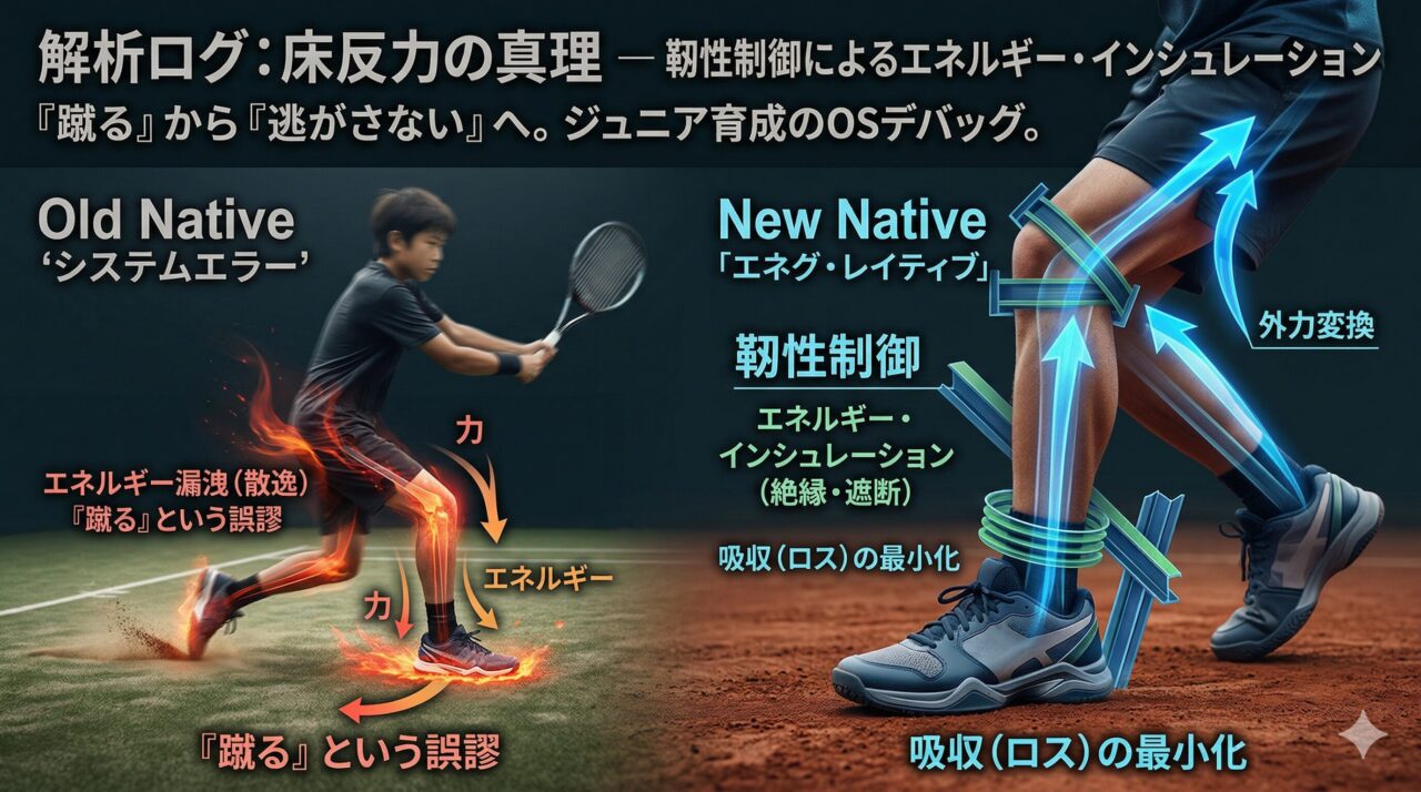 テニスのジュニア選手が踏み込む瞬間の動作分析図。左側の選手は『エネルギー漏洩』として赤く発光し、右側の脚部拡大図は『靭性制御』として青いベクター矢印とシールドでエネルギーの絶縁・変換プロセスを可視化している重厚なグラフィック。