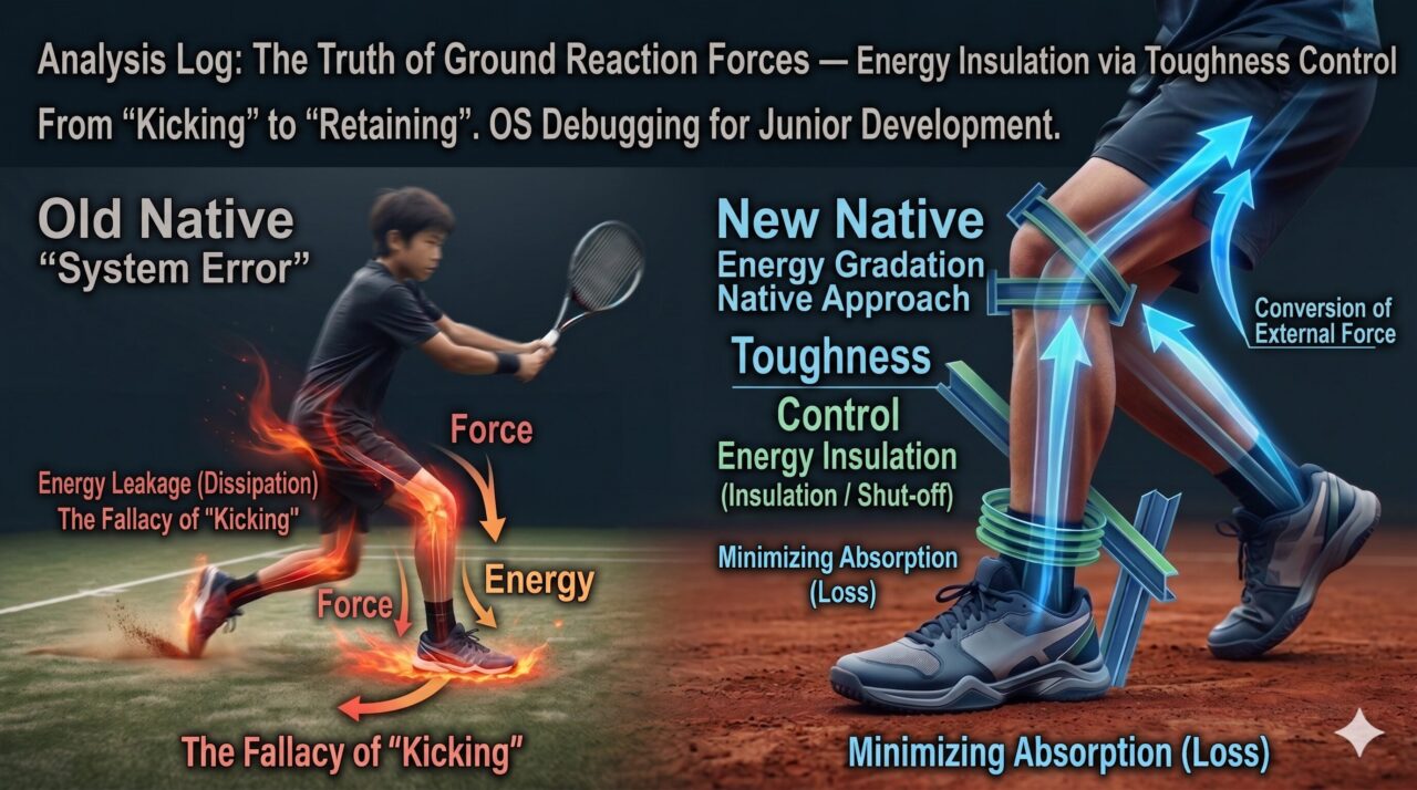 A biomechanical comparison titled 「Analysis Log: The Truth of Ground Reaction Forces」, contrasting two physical operating systems. The left side, labeled 「Old Native: "System Error"」, shows a junior player with glowing heat around the legs, representing 「Energy Leakage (Dissipation)」 and the 「Fallacy of "Kicking"」. The right side, labeled 「New Native」, features a close-up of a leg with blue energy arrows and structural reinforcement overlays, illustrating 「Toughness Control」, 「Energy Insulation」, and 「Minimizing Absorption (Loss)」. Force vectors and the subtitle 「From “Kicking” to “Retaining”」 emphasize the conversion of external force over active muscle output. The 「POTENTIAL TENNIS」 logo is visible in the bottom right corner.