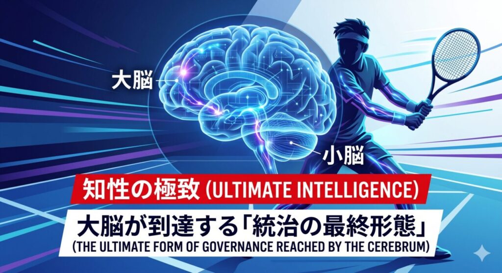 青く発光する透明な人間の脳の3Dモデルを背景に、ジュニアテニスプレイヤーがフルスイングするダイナミックなシルエットが重なっている画像。脳内には「大脳」と「小脳」の部位を示すラベルがあり、知性と身体の同期を象徴する光のラインが走っている。下部には赤い帯で「知性の極致（ULTIMATE INTELLIGENCE）」、白地で「大脳が到達する『統治の最終形態』」という記事タイトルが重厚感のあるタイポグラフィで配置されている。