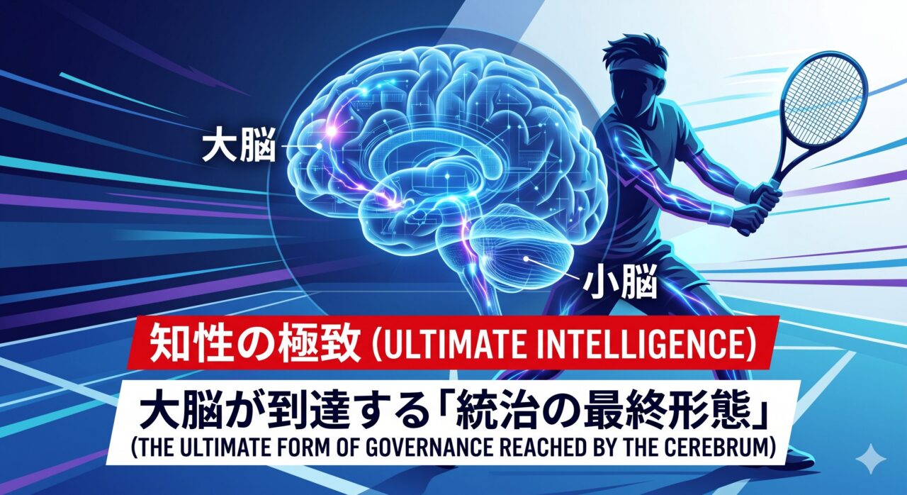 青く発光する透明な人間の脳の3Dモデルを背景に、ジュニアテニスプレイヤーがフルスイングするダイナミックなシルエットが重なっている画像。脳内には「大脳」と「小脳」の部位を示すラベルがあり、知性と身体の同期を象徴する光のラインが走っている。下部には赤い帯で「知性の極致（ULTIMATE INTELLIGENCE）」、白地で「大脳が到達する『統治の最終形態』」という記事タイトルが重厚感のあるタイポグラフィで配置されている。