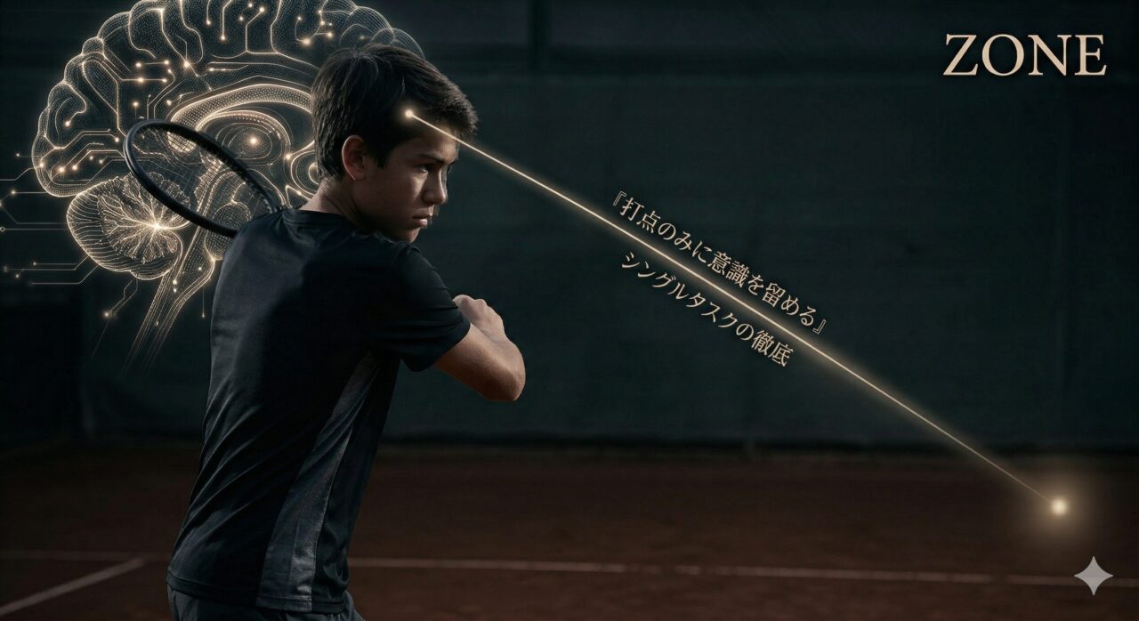 薄暗いクレーコートを背景に、体を大きくひねった、黒いウェアを着たジュニア選手の姿が描かれています。無地の黒いテニスラケットを持つ右腕は、肘をわずかに曲げた状態（1㎜屈曲）で固定され、力強いテイクバックの形を作っています。 彼の頭部の左上には、神経回路のような複雑な光のパターンをまとった脳のモデルが浮かび上がっており、無意識下の脳処理（小脳）を視覚的に表現しています。 脳の前頭葉付近から、暗闇の中を斜め右下のコート表面に向かって、一本の鋭い光のビームが伸びています。そのビームに沿って、記事の核心であるシンプルな指示が、日本語で「『打点のみに意識を留める』 シングルタスクの徹底」と刻印されています。 画像右上には、目標とする究極の状態を示す文字「ZONE」が配されています。全体的にダークトーンで統一され、光と影のコントラストが緊張感と集中力を高めており、商標権などに配慮したクリーンなデザインながらも、深く考えさせる哲学的な雰囲気を持っています。
