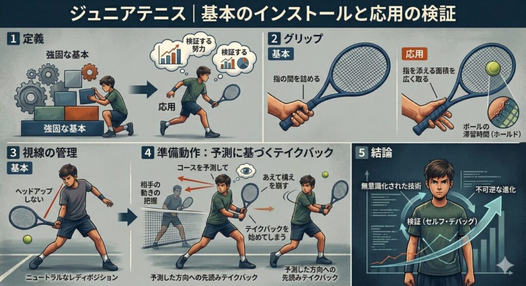「ジュニアテニス｜基本のインストールと応用の検証」と題された、テニスの技術向上プロセスを5つのステップで解説するインフォグラフィックです。全体的に落ち着いた色調で、イラストと日本語のテキストで構成されています。 上段左側のパネル1「定義」では、少年がブロックを積み上げる様子と、走りながらテニスをする様子が描かれています。「強固な基本」の上に「検証する努力」を重ねることで「応用」が可能になることを示しています。 上段右側のパネル2「グリップ」では、2つの手のイラストでグリップの持ち方を比較しています。「基本」では指の間を詰めて握り、「応用」では指を添える面積を広く取ることでボールの滞留時間を意図的に長くすることを説明しています。 下段左側のパネル3「視線の管理」では、「基本」として少年がボールに視線を留める様子が描かれています。「ヘッドアップしない」「ニュートラルなレディポジション」というテキストがあります。 下段中央のパネル4「準備動作：予測に基づくテイクバック」では、少年が予測に基づいてテイクバックを行う様子が描かれています。「コースを予測してあえて構えを崩す」「打球までの時間的猶予を最大化する」というテキストがあります。 下段右側のパネル5「結論」では、少年が立ち、周囲に矢印やグラフが描かれています。「基本動作の無意識化」が前提であり、実戦での「検証（セルフ・デバッグ）」プロセスが「不可逆な進化」につながることを示しています。