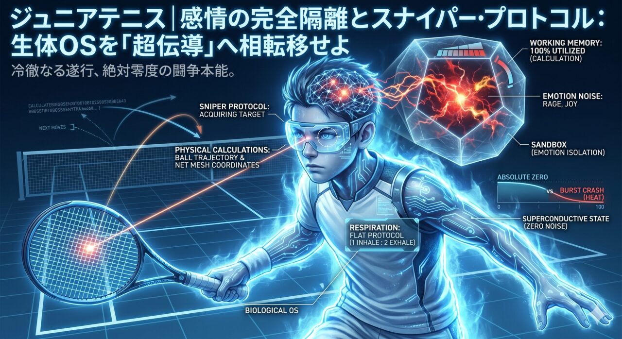 サイバーパンクな雰囲気の未来志向のジュニアテニス選手を描いた、詳細なデータオーバーレイ付きの画像です。選手は若い男性で、ゴーグルを着用し、サイバーな発光パターンが施されたハイテクなテニスウェアを着ています。画像の上部には、大きな日本語テキストで「ジュニアテニス | 感情の完全隔離とスナイパー・プロトコル：生体OSを「超伝導」へ相転移せよ」と、その下に「冷徹なる遂行、絶対零度の闘争本能。」と記されています。 選手の頭部には、グリッド状の多面体に閉じ込められた赤い電気的なスパークが「EMOTION NOISE: RAGE, JOY（感情ノイズ：怒り、喜び）」および「SANDBOX (EMOTION ISOLATION)（サンドボックス（感情隔離））」として描写されています。ゴーグルからは「PHYSICAL CALCULATIONS: BALL TRAJECTORY & NET MESH COORDINATES（物理計算：ボール軌道とネットメッシュ座標）」とラベルされた視線が伸び、テニスコート上の経路とラケットの網目を指しています。 選手の体には「RESPIRATION: FLAT PROTOCOL (1 INHALE : 2 EXHALE)（呼吸：フラットプロトコル（1吸気：2呼気））」とラベルされた呼吸データが表示され、腕には「BIOLOGICAL OS（生体OS）」と記されています。右側には「WORKING MEMORY: 100% UTILIZED (CALCULATION)（ワーキングメモリ：100%利用中（計算）」、そして「ABSOLUTE ZERO vs BURST CRASH (HEAT)（絶対零度 vs バーストクラッシュ（熱））」というグラフ、さらに「SUPERCONDUCTIVE STATE (ZERO NOISE)（超伝導状態（ゼロノイズ）」と記されています。全体として、感情を完全に隔離し、全ての脳力と身体機能を物理的な遂行に集中させている状態が、複雑なデータとともに視覚化されています。