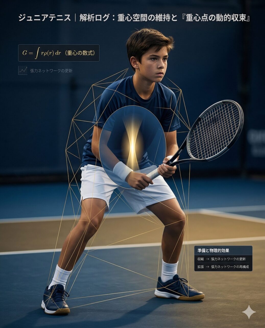 青色を基調としたテニスコートを背景に、ネイビーのシャツと白いパンツを着用したジュニア男子テニスプレーヤーが、構えの姿勢をとっています。彼の身体の重心を視覚化するように、腹部周辺には青白い球体のグラフィックが配置され、その中心にはへそを通るように垂直に伸びる鋭い光のラインが描写されています。全身を包むように、金色に輝く幾何学的なワイヤーフレームが描かれ、足元まで伸びています。 画像上部には「ジュニアテニス｜解析ログ：重心空間の維持と『重心点の動的収束』」というテキストがあり、左上には数式「G = ∫ rρ(r) dr (重心の数式)」と「張力ネットワークの更新」という注釈が含まれる半透明のボックスが配置されています。右下には「準備と物理的効果」と題されたボックスがあり、その下に「収縮 → 張力ネットワークの認知」「拡張 → 張力ネットワークの再構成」と記載されています。