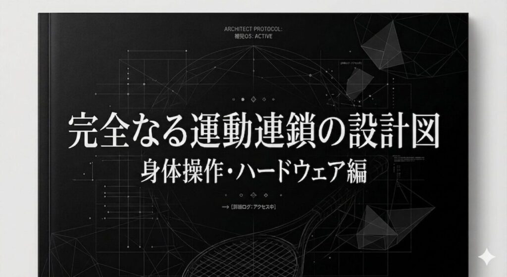 黒を基調としたテクニカルなデザインのアイキャッチ画像。中央に白文字で『完全なる運動連鎖の設計図 身体操作・ハードウェア編』というタイトル、下部にテニスラケットのワイヤーフレームと幾何学図形の線画が描かれている。