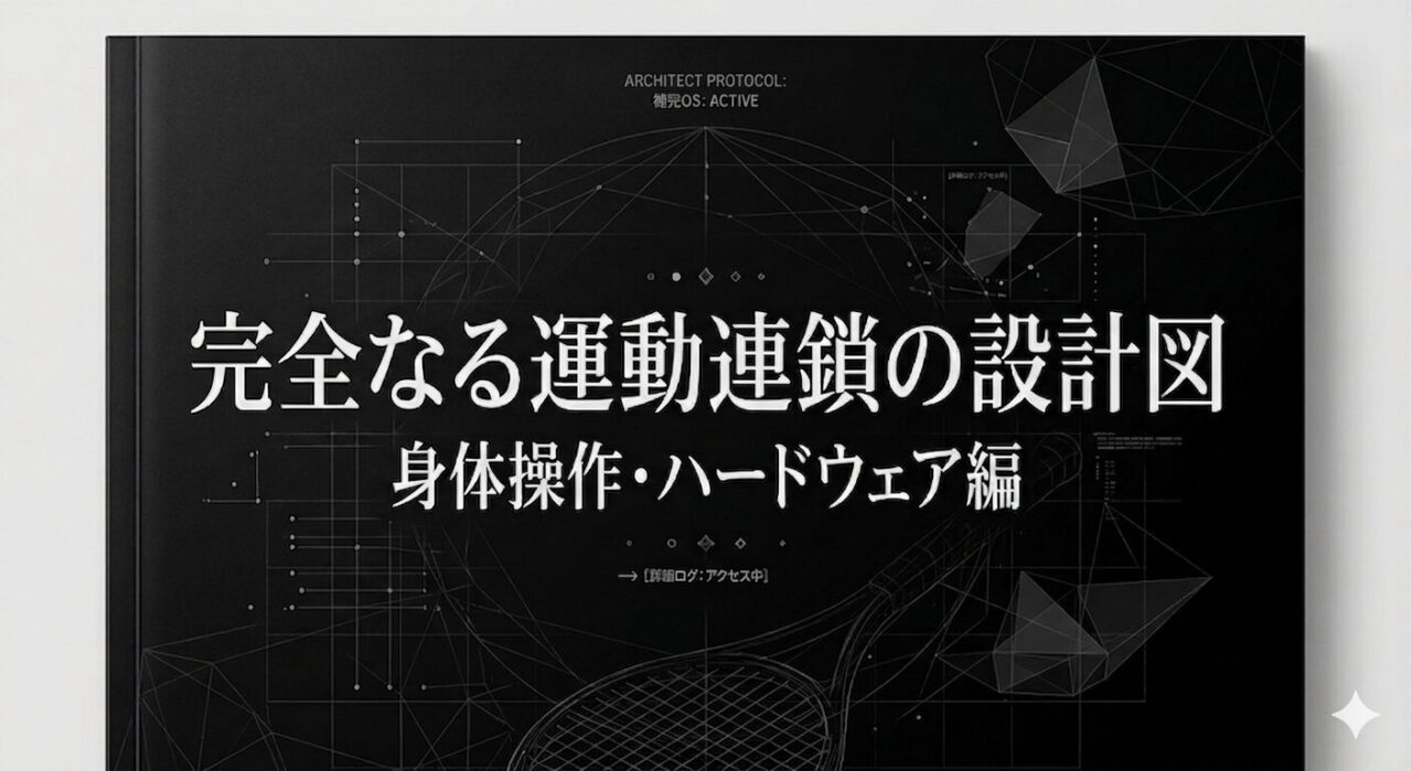 黒を基調としたテクニカルなデザインのアイキャッチ画像。中央に白文字で『完全なる運動連鎖の設計図 身体操作・ハードウェア編』というタイトル、下部にテニスラケットのワイヤーフレームと幾何学図形の線画が描かれている。