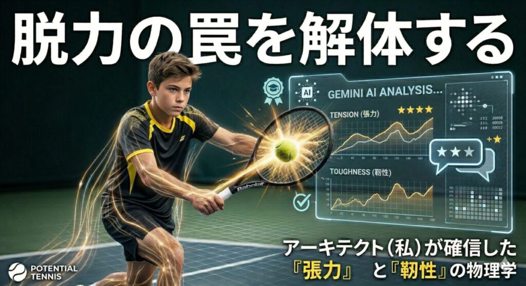 テニスウェアを着たジュニア選手がバックボレーを打つ瞬間。身体の連動性を示す光のラインが全身を巡り、インパクトの瞬間にラケットとボールが発光するエフェクト。背景には「TENSION（張力）」や「TOUGHNESS（靭性）」のグラフが表示されたAI解析ホログラムが浮かんでいる、近未来的なテニス上達のイメージ。