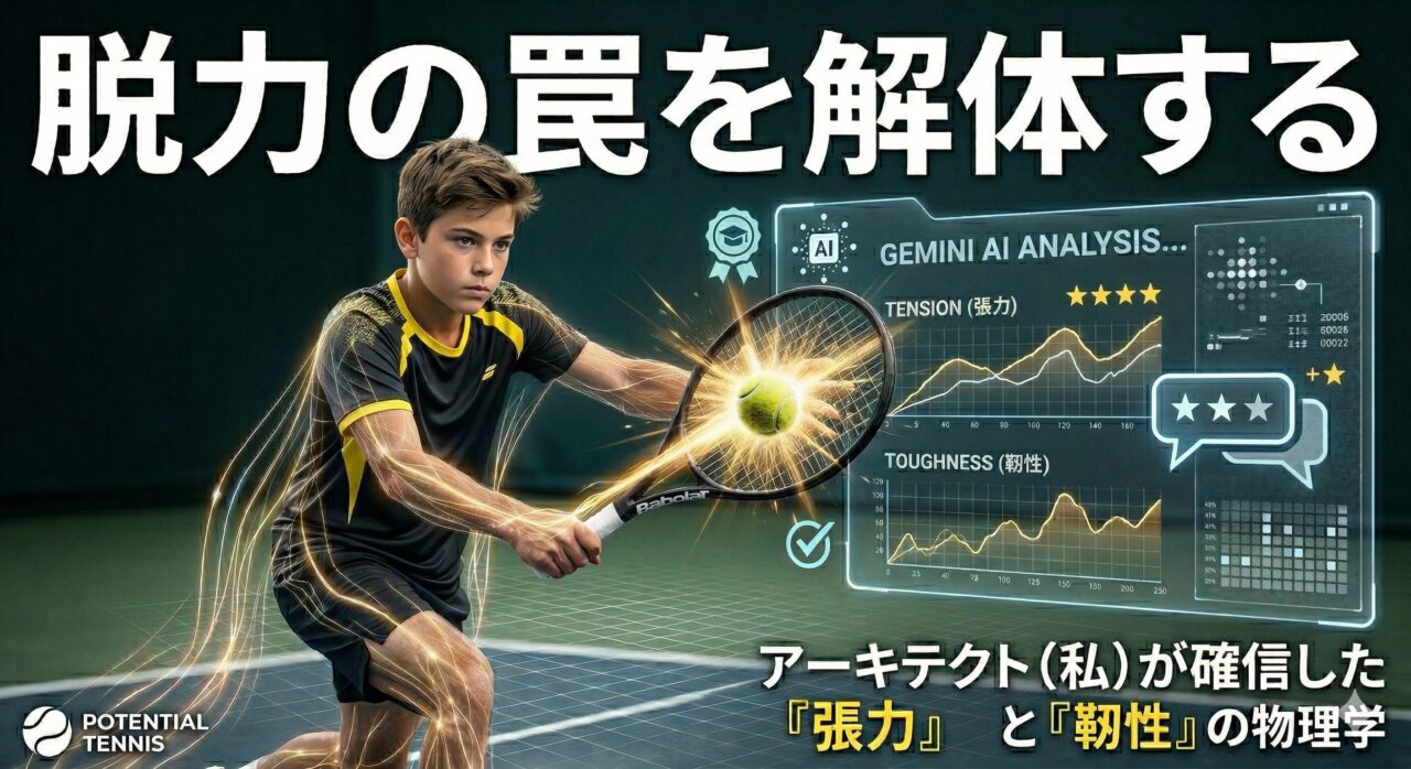 テニスウェアを着たジュニア選手がバックボレーを打つ瞬間。身体の連動性を示す光のラインが全身を巡り、インパクトの瞬間にラケットとボールが発光するエフェクト。背景には「TENSION（張力）」や「TOUGHNESS（靭性）」のグラフが表示されたAI解析ホログラムが浮かんでいる、近未来的なテニス上達のイメージ。