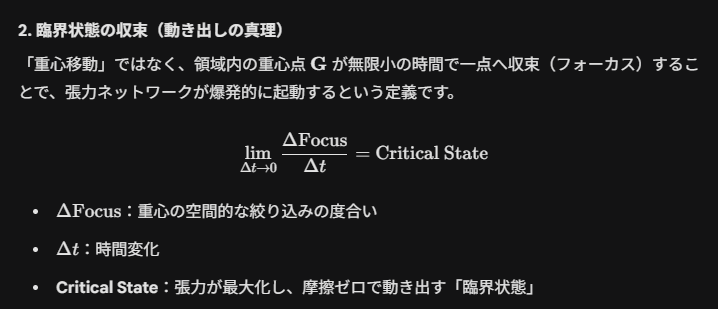 2. 臨界状態の収束（動き出しの真理）「重心移動」ではなく、領域内の重心点 $\mathbf{G}$ が無限小の時間で一点へ収束（フォーカス）することで、張力ネットワークが爆発的に起動するという定義です。$$\lim_{\Delta t \to 0} \frac{\Delta \text{Focus}}{\Delta t} = \text{Critical State}$$$\Delta \text{Focus}$：重心の空間的な絞り込みの度合い$\Delta t$：時間変化Critical State：張力が最大化し、摩擦ゼロで動き出す「臨界状態」