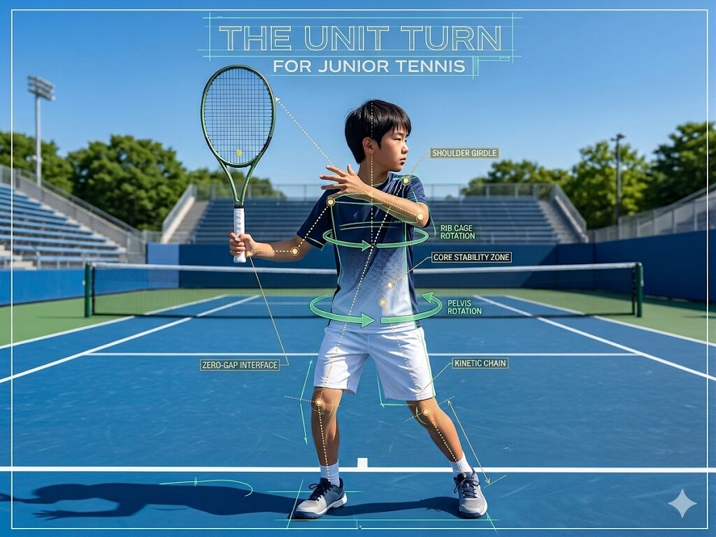 テニスのユニットターンを物理的に解析したジュニア選手のフォーム画像。骨盤と肋骨の回転、肩甲骨の連動、手元のグリップと掌の間の空間を排した「ゼロ・ギャップ・インターフェース」など、初動のエネルギー保存を可視化した設計図的ビジュアル。