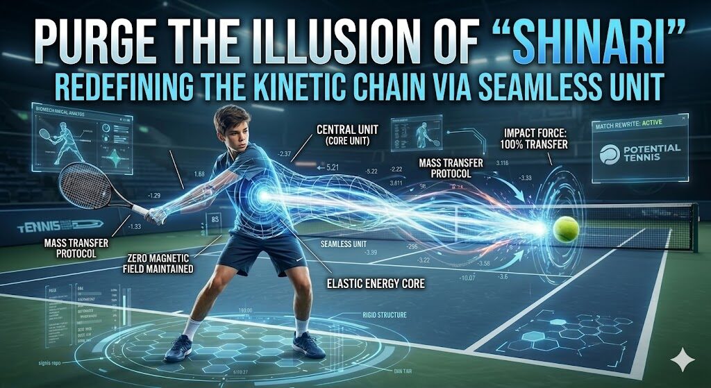 "A high-tech biomechanical analysis image of a junior tennis player in a dynamic backswing. The main title reads 'PURGE THE ILLUSION OF SHINARI: REDEFINING THE KINETIC CHAIN VIA SEAMLESS UNIT.' The illustration features holographic overlays showing an 'Elastic Energy Core' at the center of mass, energy flow lines labeled 'Mass Transfer Protocol,' and a 'Zero Magnetic Field Maintained' indicator. A tennis ball at impact is surrounded by a HUD showing 'Impact Force: 100% Transfer.' The Potential Tennis logo and 'Match Rewrite: Active' status are visible in the background."