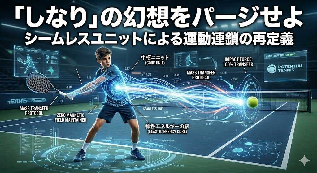 ジュニアテニスにおける「**シームレスユニット**」の運動連鎖を可視化したアイキャッチ画像。サウスポーの選手が「**エネルギー転送**」を完遂する物理現象を、重厚な解析インターフェースと共に表現しています。