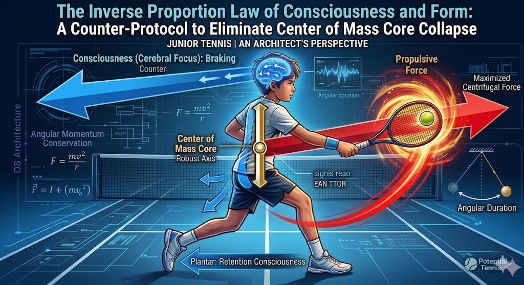 "A highly detailed biomechanical and neurological analysis image of a junior tennis player executing a forehand. The main title is 'The Inverse Proportion Law of Consciousness and Form: A Counter-Protocol to Eliminate Center of Mass Core Collapse.' The illustration features contrasting energy vectors: a large blue arrow pointing backward representing 'Consciousness (Cerebral Focus): Braking Counter,' and a large red arrow pointing forward representing 'Propulsive Force.' A golden axis at the player's spine is labeled 'Center of Mass Core: Robust Axis.' Mathematical formulas for angular momentum and centrifugal force are displayed on a holographic HUD, along with labels such as 'Maximized Centrifugal Force' and 'Plantar: Retention Consciousness' at the feet. The Potential Tennis logo is in the bottom right corner."