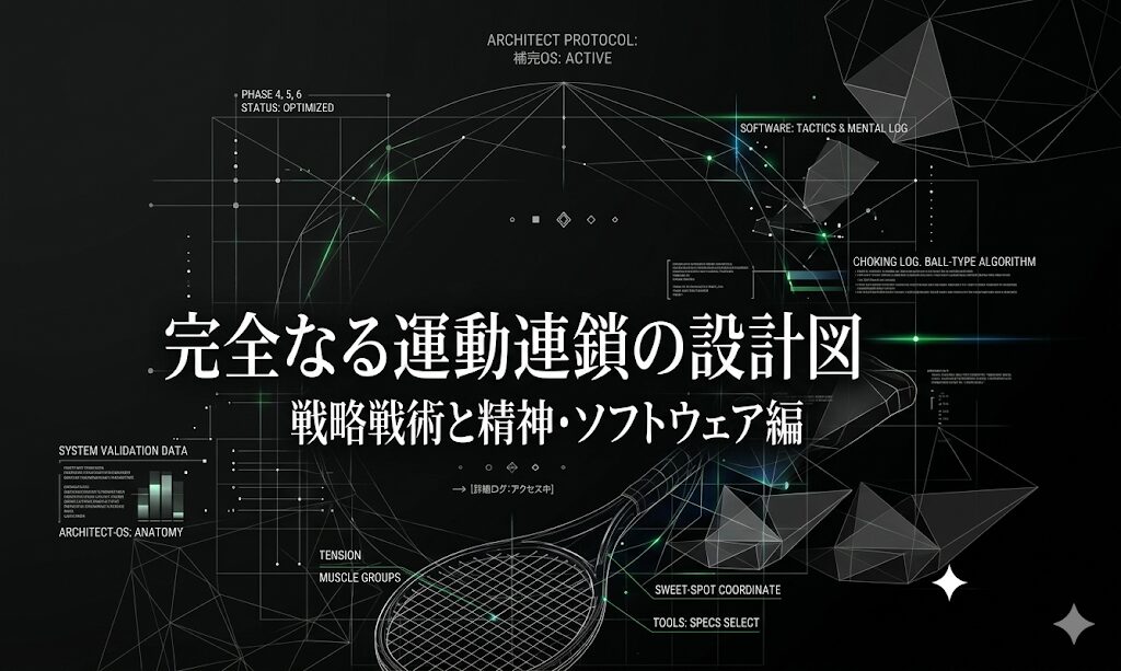 ジュニアテニス指導専門サイト「ポテンシャルテニス」のWordPress編集画面。「完全なる脳内OSの設計図：戦略戦術と精神・ソフトウェア編」というタイトルで、フェーズ4からフェーズ6（実証プロトコル）までの全貌が論理的な見出しと共に構成されている。右側の設定パネルでは、アイアイキャッチ画像に「完全なる運動連鎖の設計図」というテクニカルなグラフィックが設定され、投稿カテゴリーには「Jr.指導解析ログ」が選択されている。代表・大木良による、物理法則に基づいた指導哲学の集大成をデジタルアーカイブ化している様子。