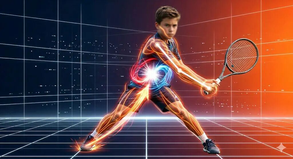 An illustration showing the skeletal structures, glowing kinetic lines, and red/blue energy spirals in a junior player's torso, representing the elastic energy accumulation and takeback protocol based on physical laws.