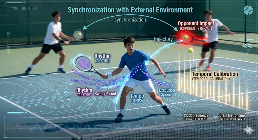 "A futuristic biomechanical analysis of a tennis rally, focusing on temporal synchronization. The main title is 'Synchronization with External Environment.' The image illustrates a player in the foreground with a blue circuit-patterned overlay on the court, labeled with 'Rhythm (Swing Period)' and 'Tempo (Execution Speed).' A high-energy red highlight appears on the opponent's racket at the moment of 'Opponent Impact.' A vertical bar graph on the right represents 'Temporal Calibration,' and HUD elements at the bottom show 'Clock Frequency' and 'Brain Metronome.' The visual demonstrates the feed-forward synchronization required to align internal timing with the external environment."