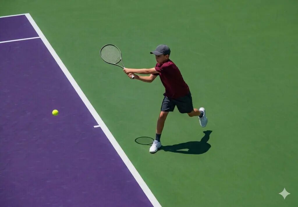 A junior tennis player executing a focused follow-through on an outdoor court, emphasizing the extension of the arm and the stable deceleration process of the swing as described in the architectural energy disposal protocol.