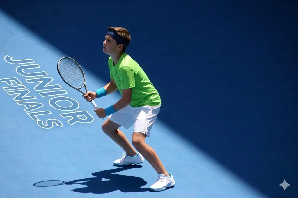 Junior tennis dynamic ready position demonstrating Zero-Latency dynamic standby: A young player on a blue indoor court with "JUNIOR FINALS" visible, maintaining muscular pre-tension and optimized center of gravity to eradicate static inertia and prepare for explosive initialization.