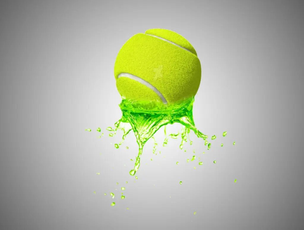 Strategic Alt Text: A tennis ball impacting a dynamic lime-green liquid splash, visualizing the biomechanical pressure applied to the felt and core during impact. This represents the energy transfer and physics of junior tennis stroke conversion.