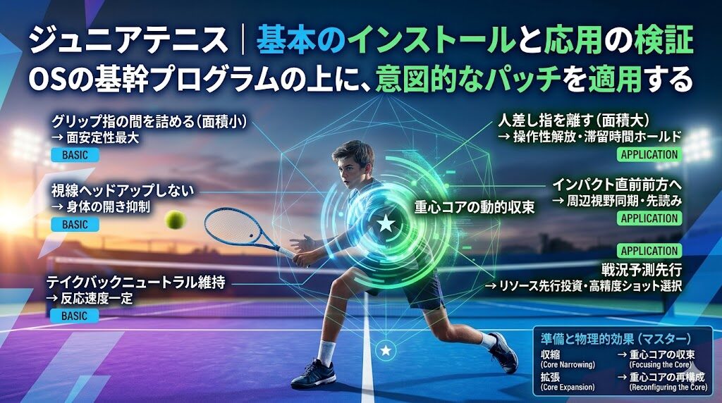 ジュニアテニスの指導論をOSの階層構造で視覚化したインフォグラフィック画像。「基本（BASIC）」をOSの基幹プログラム、「応用（APPLICATION）」を意図的なパッチ適用と定義し、グリップの操作、視線管理、テイクバックの3項目について、物理的効果のコントラストを解説している。中心には「重心コアの動的収束」を制御するジュニア選手の解析イメージと、右下に物理的効果のマスター凡例が配置された重厚な設計図。
