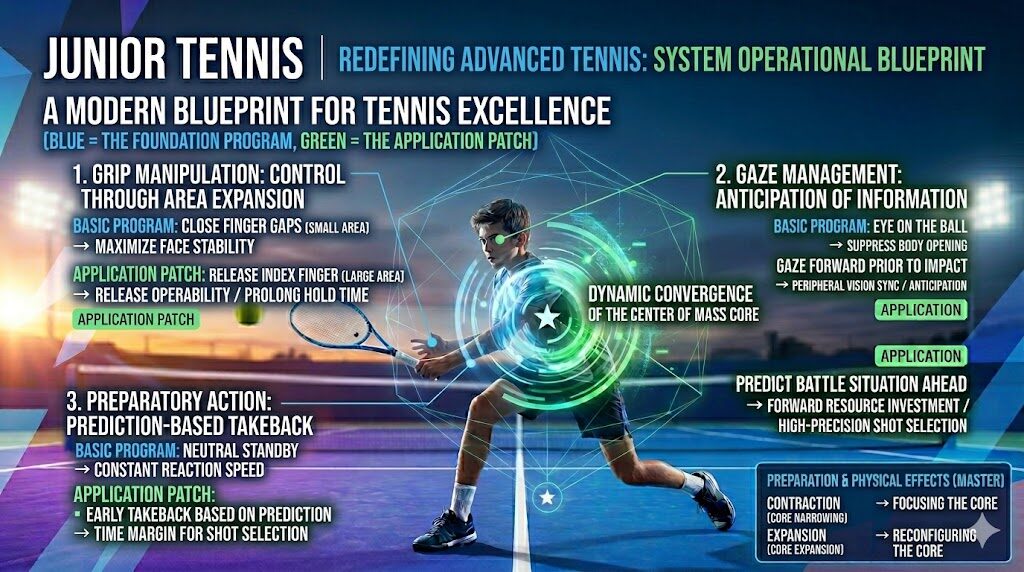 An infographic blueprint for junior tennis visualizing the re-definition of advanced tennis through biomechanics and system operational command. A male player in a ready stance is surrounded by data call-outs in blue and green, differentiating between core OS basic installation and intentional application patches. Key elements include Gaze Management, Grip Manipulation, Prediction-Based Takeback, and the dynamic convergence of the Center of Mass Core. The background is a detailed tennis court at twilight under stadium lights.
