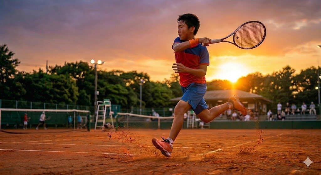 A dynamic action shot of a junior tennis player on a clay court during sunset, capturing the powerful first step and core stability required for an intentional recovery movement after a shot. High-resolution sports photography emphasizing biomechanical balance.