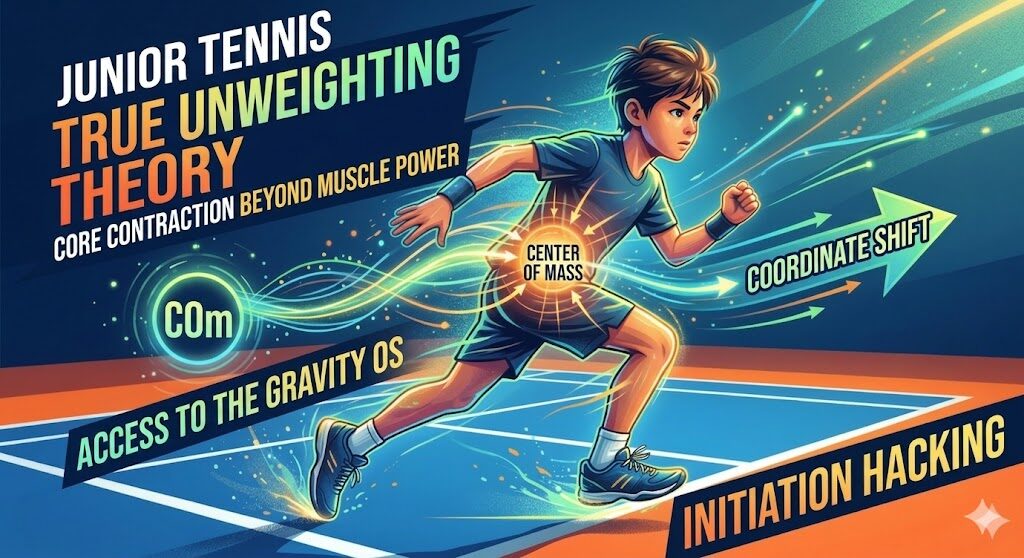 "An athletic illustration titled 'JUNIOR TENNIS: TRUE UNWEIGHTING THEORY,' sub-titled 'CORE CONTRACTION BEYOND MUSCLE POWER.' The image shows a young male tennis player on a bright blue court with graphic overlays illustrating physical concepts. Lines extend from a central node labeled 'COm' (Center of Mass) with labels pointing to his movement and posture: 'ACCESS TO THE GRAVITY OS,' 'COORDINATE SHIFT,' and 'INITIATION HACKING,' all rendered in white and orange glowing text against a background of abstract energy trails."