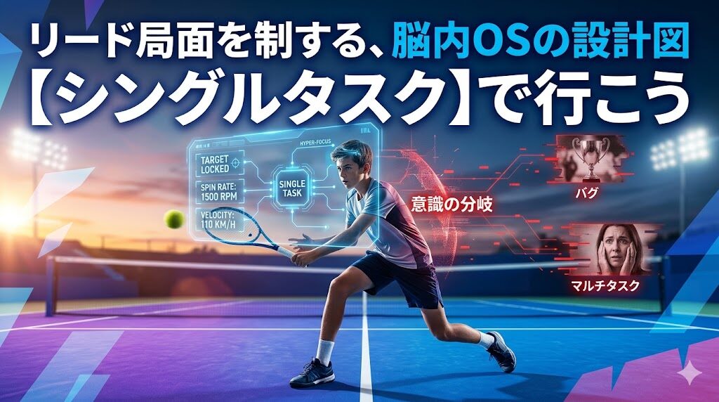 ジュニアテニスの試合中、脳内OSの設計図としてシングルタスク（青いHUD）に集中し、背後のマルチタスクや感情のバグ（赤い警告）を隔離してプレイするジュニア選手のイメージ画像