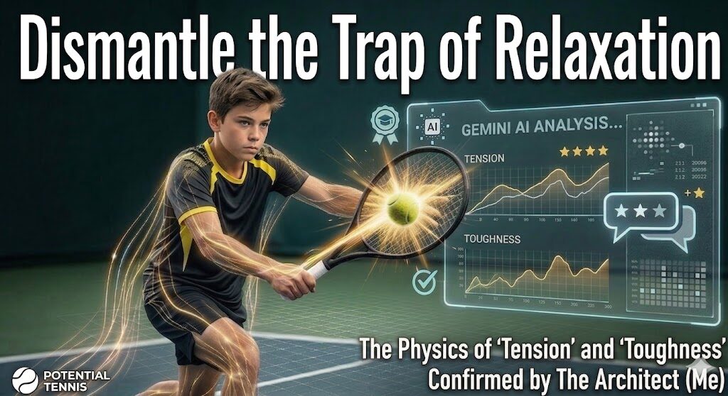 An informational graphic titled "Dismantle the Trap of Relaxation," featuring a junior tennis player in a dynamic swing pose with glowing kinetic energy lines. The image includes a "Gemini AI Analysis" holographic interface displaying data for "TENSION" and "TOUGHNESS," and sub-text: "The Physics of 'Tension' and 'Toughness' Confirmed by The Architect (Me)."